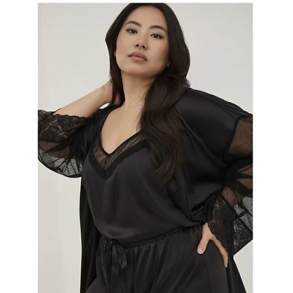 Lace Trim Sleep Robe - Dream Satin Black - Picture 3 of 5